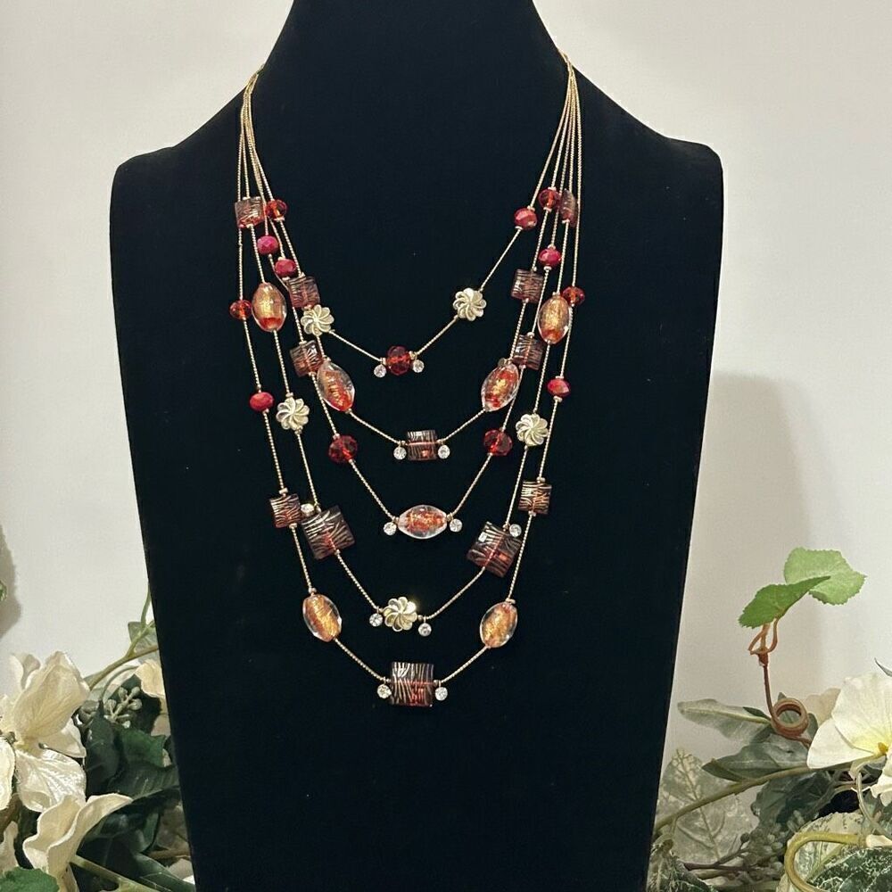 Vtg Layered Necklace Red Crystal & Art Glass Beads 5-Strand Silver-tone Chain